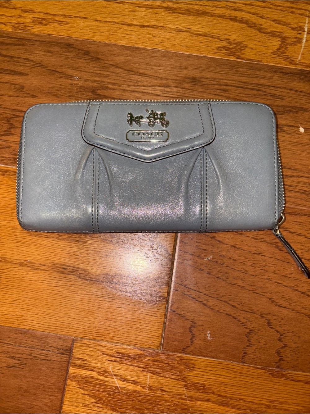 Coach Light Blue Leather Zip-Around Wallet with Silver Hardware
